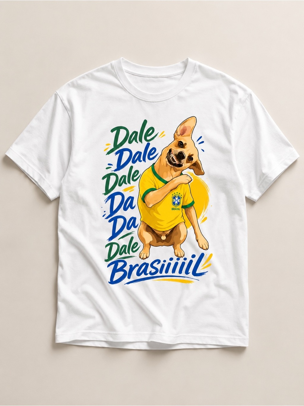 Dog Graphic T‑Shirt — White with Yellow & Green Brazil Theme